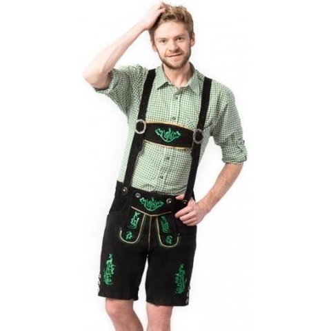 Tannhauser Lederhosen Otto Kort  100% Echt Leder Heren Oktoberfest Heren Carnavalskleding Heren Lederhosen Man - Leer- Zwart/ Groen- L