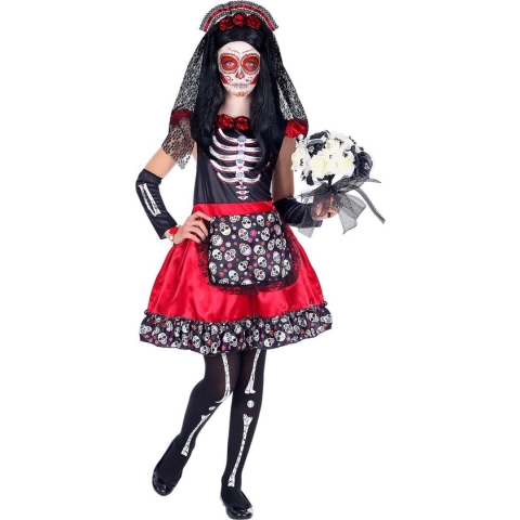 WIDMANN - Zwarte en rode Dia de los Muertos skelet outfit voor kinderen - 128 (5-7 jaar)
