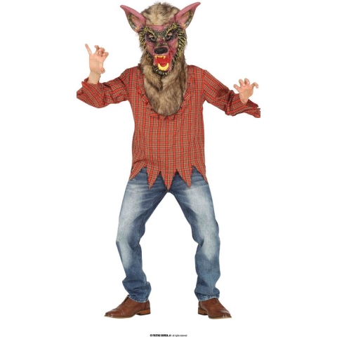 Guirca - Weerwolf Kostuum - Nachthuiler Wouter Wolf Kind Kostuum - Rood, Bruin - 7 - 9 jaar - Halloween - Verkleedkleding
