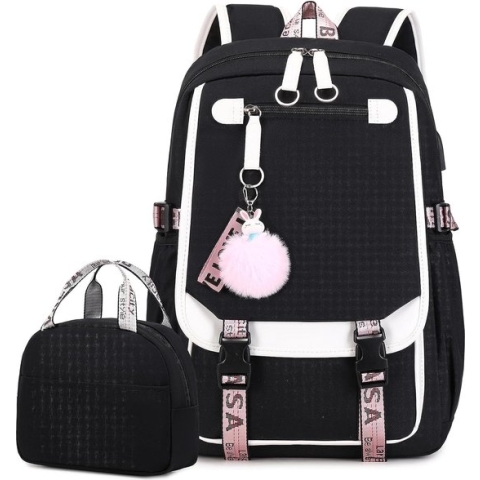 Zwarte schoolrugtas 2-delige set - USB-poort telefoon oplader - Rugzak voor kinderen - Waterdicht