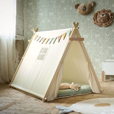 Petite Amélie ® Tipi Tent Kinderen (Uniek) met Vloermat - Tipi Speeltent met Opbergtas & Slinger - Extra Veilig door Netraampje + Massief Houten Tentstokken - Off White - H.104x B.103x L.127,5 cm