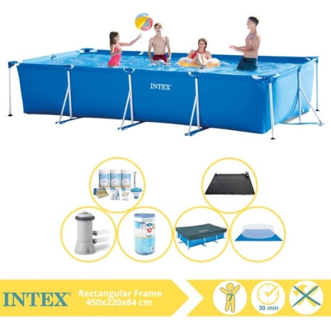 Intex Rectangular Frame Zwembad - Opzetzwembad - 450x220x84 cm - Inclusief Afdekzeil, Onderhoudspakket, Zwembadpomp, Filter, Grondzeil en Solar Mat