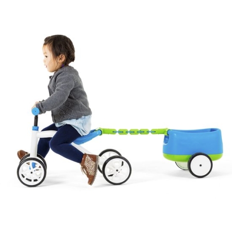 Chillafish Quadie+Trailie vierwieler met aanhanger voor kinderen van 1-3 jaar, verstelbare zithoogte, opbergruimte in het zitje, wielen zijn geluidloos en maken geen krassen, met leuke stickers, Blauw