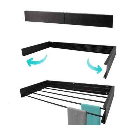 KROMS Wanddroogrek XL Zwart 100 cm - Incl. Boormal - Droogrek Inklapbaar - Wasrek Hangend - Uitklapbaar - Muur - Ophangbaar - 5m Drooglengte