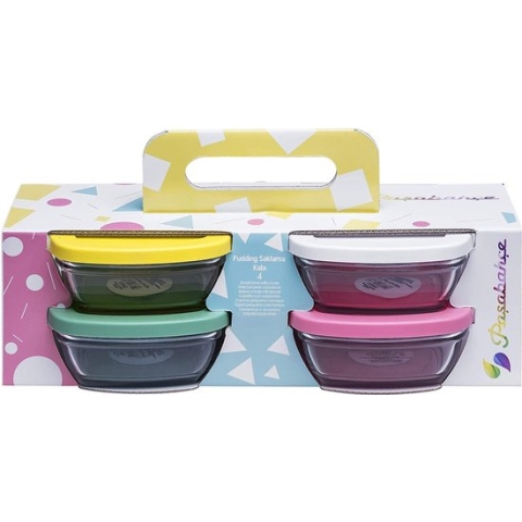 Gekleurde glazen bewaarbakjes met deksel (pudding voorraadpot) 310ml - 4 stuks
