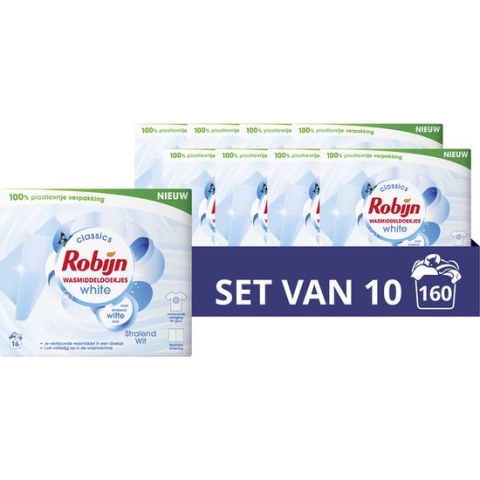 Robijn Stralend Wit Wasmiddeldoekjes - 10x16 wasstrips - Voordeelverpakking