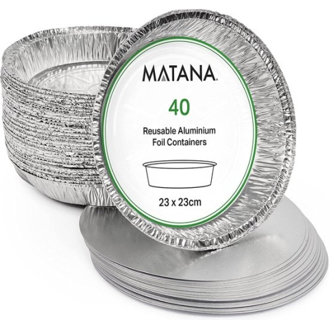 MATANA 40 Aluminium Wegwerp Bakjes met Deksel, Rond (23cm) - Oven- en Diepvriesbestendige Grillschalen - Ook Geschikt als Bakvormen (4,2cm Hoogte)