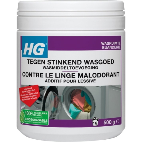 HG tegen stinkend wasgoed wasmiddeltoevoeging - 500gr - verwijdert stankmoleculen - voor 16 wasbeurten