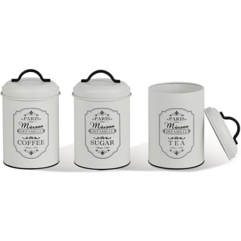Maestro - Set van 3 Opbergblikken voor: Suiker Koffie Thee | Voedselcontainer - 3x Ø11,3 x 18,5cm Wit/Zwart