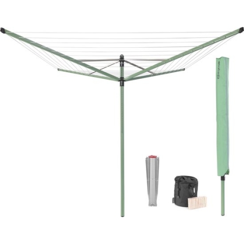 Brabantia Lift-O-Matic Droogmolen met Metalen Grondanker, Beschermhoes, Wasknijpertasje en Wasknijpers - 50 m - Leaf Green