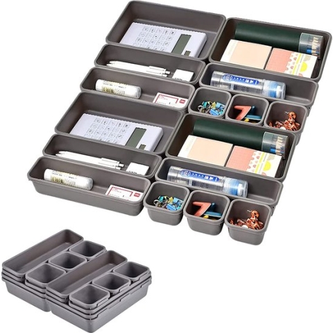 Keukenlade-organizer, 16-delig lade-organizersysteem met opbergdoos in 3 maten, opbergdoos voor keuken, thuis, kantoor en thuis (grijs)