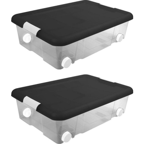 4x Stuks opberg boxen/opbergdozen met wielen 31 liter 61 x 44 x 17 cm kunststof - Opslagboxen - Opbergbakken kunststof transparant/zwart