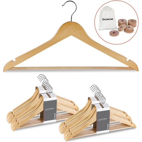 bomoe Sjard Houten Kledinghanger Set van 20 stuks - Natuur - 360° Draaibaar Kleerhangers met Broeklat FSC® Gecertificeerd anti-slip ruimtebesparende Hangers broekhanger hout hanger