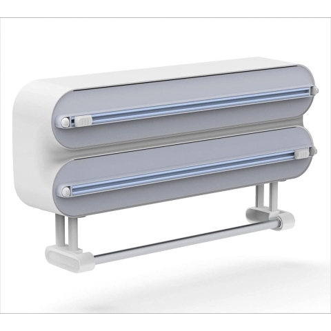 Keukenrolhouder, 3-voudige foliesnijder, magnetische aluminiumfolie Dispenser met duurzame scherpe messen, verbeterde Foliedispenser, Cling Film Cutter met papieren handdoekhouder, Wit