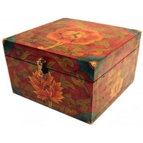 Schatkist met Tibetaanse motieven en bloemen - 20x15x20 - Hout - M