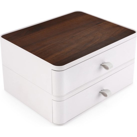 Belle Vous Hout Effect Bureau Organizer met 2 Witte Lades - PP Plastic Opslag Caddy Doos - Desktop Opslag Houder voor Kantoorbenodigdheden, Schrijfwaren, Pennen/Potloden, Cosmetica & Huis Essentials
