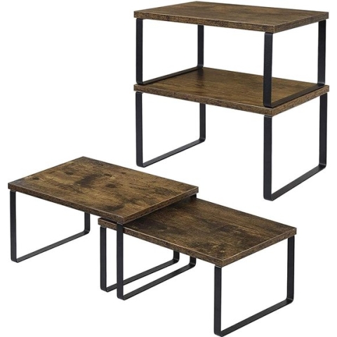 Kast Plank Organizer, Set van 4 Houten Keukenkast en Teller Plank Organizer, Stapelbaar & Uitbreidbaar Keukenplanken Rekken voor Keuken, Badkamer, Rustiek Bruin/Zwart