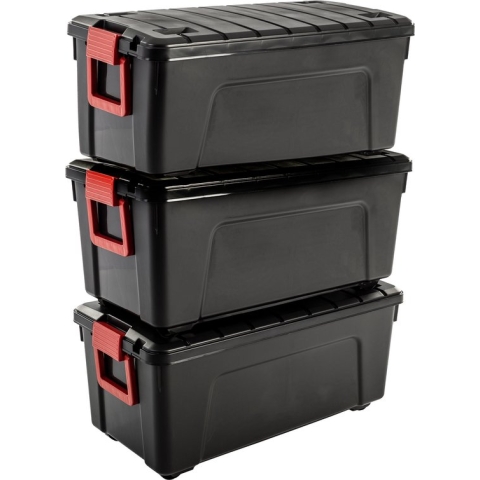 IRIS Store-It-All Opbergbox - 75L - Kunststof - Zwart/Rood - Set van 3