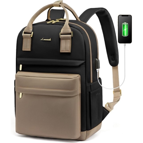 damesrugzak, met vak voor 15,6 inch laptop, meisjes/tieners, met USB-oplaadpoort, waterdichte schooltas, dagrugzak, voor school/universiteit/reizen/werk, kaki, zwart