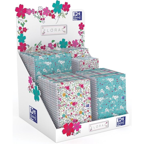 Oxford Floral notitieblok en spiraalschrift, ft A5/A6/B5, gelijnd en geruit 5 mm, display met 60 stuks
