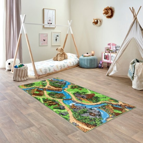 Carpet Studio Dino Speelkleed – Speelmat 95x200cm - Vloerkleed Kinderkamer - Anti-slip Speeltapijt - Verkeerskleed - Groen/Grijs