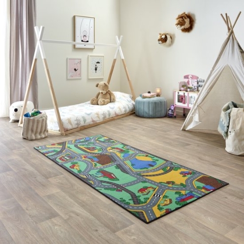 Carpet Studio Playtime Speelkleed – Speelmat 95x200cm - Vloerkleed Kinderkamer - Anti-slip Speeltapijt - Verkeerskleed - Groen/Blauw