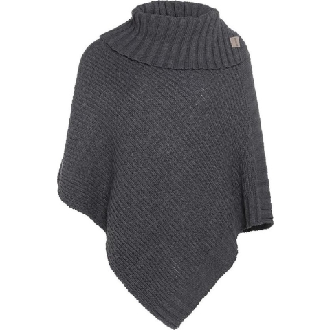 Knit Factory Nicky Gebreide Poncho - Met sjaal kraag - Dames Poncho - Gebreide mantel - Donkergrijze winter poncho - Antraciet - One Size - Inclusief sierspeld