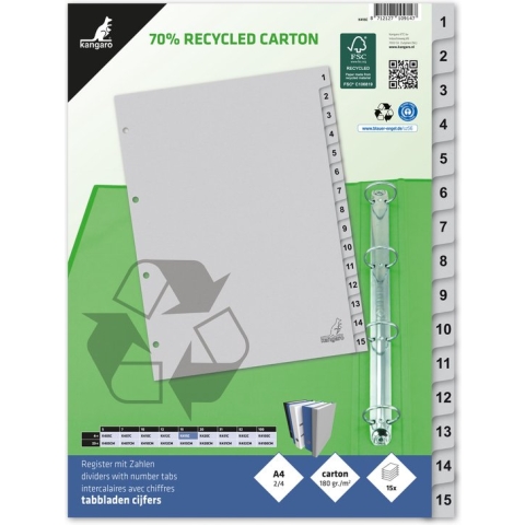 Kangaro tabbladen - A4 - cijfers 15-delig - ECO karton 180 grams - 4-gaats - K415C