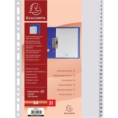 Exacompta tabbladen numeriek voor ft A4, uit PP, 31 tabs, grijs 20 stuks
