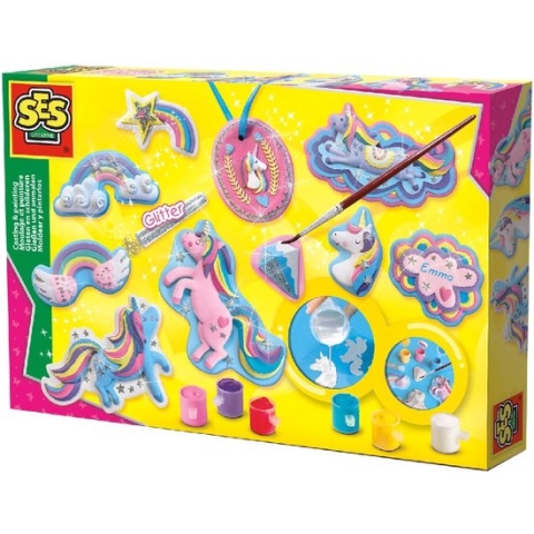 SES - Gieten en schilderen - Eenhoorns - unicorn - sneldrogend - met vormpjes, gips, verf, penseel, glitters, gladstrijkkam en satijnband