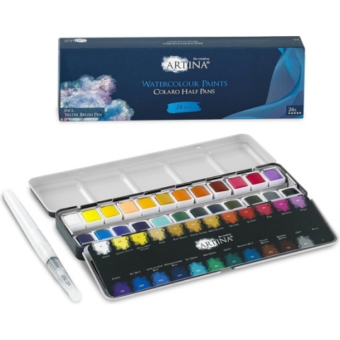 Artina Colaro Waterverf Set Aquarelverf 24 napjes Kunstenaars Verf met Waterverf Penselen
