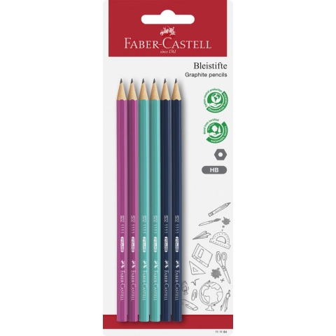 Faber-Castell grafietpotloden 1111 - HB - 6 stuks op blister - assorti kleuren - FC-111184