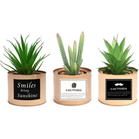 Belle Vous 3 Pak Mini Artificieel Groene Plastic Planten in Koper Metalen Potten – 10 x 7,5 cm – Nep Faux Vetplanten Kaktus Plant Pot Set – Huis Decoraties & Kantoor Bureau Decor Plantenpotten