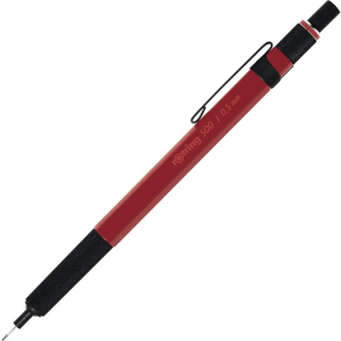 rOtring 500 vulpotlood | 0,5 mm HB-stift | Rode zeshoekige kunststof behuizing en antislip getextureerde metalen grip