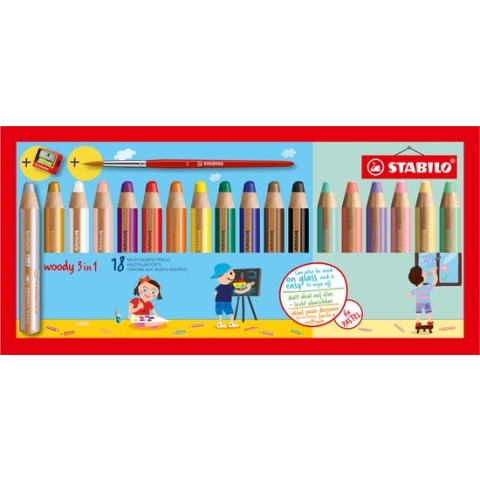 STABILO Woody 3 in 1 - Multitalent Kleurpotlood - Etui Met 18 Kleuren Waarvan 6 Pastelkleuren Incl.  Puntenslijper En Penseel
