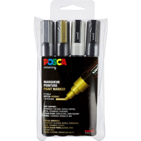 Posca stiften set 5M wit/zwart/goud/zilver