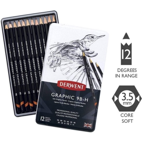 Derwent Graphic Soft Potlodenset in Blik - Grafietpotloden in 12 Hardheden - 12 Stuks