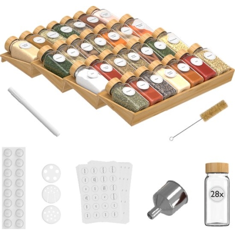 Noswo Kruidenrek Lade met 28 Potjes - Complete Set - Vierkant - Strooideksel en Labels - Kruiden Organizer - Keukenlade Organiser - Bamboe