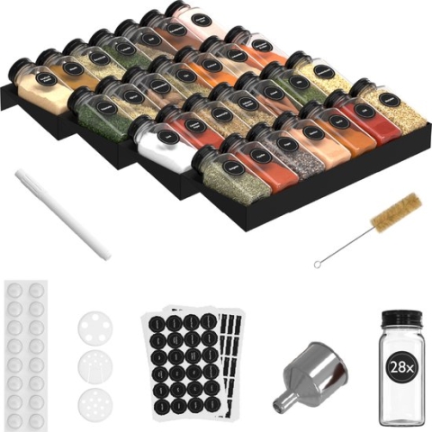 Noswo Kruidenrek Lade met 28 Potjes - Complete Set - Vierkant - Strooideksel en Labels - Kruiden Organizer - Keukenlade Organiser - Zwart