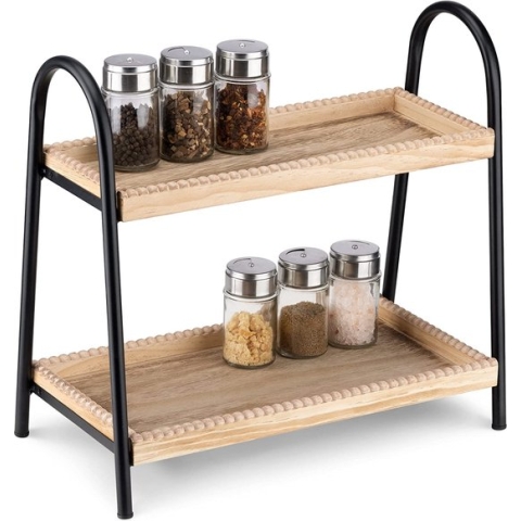 Navaris 2-laags plaatssparend houten rek - Voor meer orde in de keuken of badkamer - 36 cm hoog - Decoratieve organizer