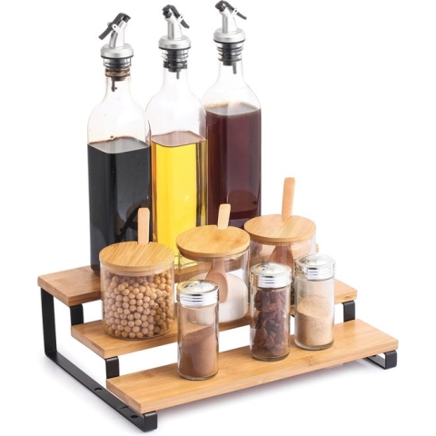 MSV kruidenrek/opbergrek/aanrecht organizer staand - zwart - 32 x 24 x 10 cm - bamboe hout