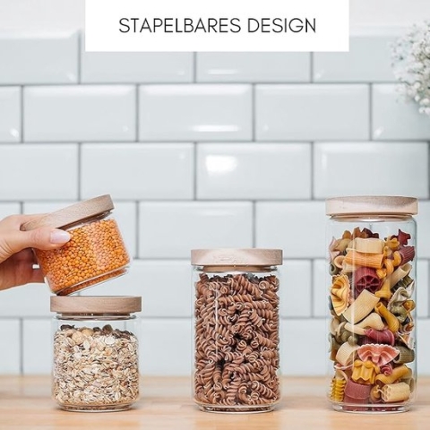 Voorraadpotten met houten deksel (4-delig) van borosilicaatglas, stapelbaar en luchtdicht, voorraadpotten glazen potten bewaarglas met deksel voor voorraad, groot en klein, 500 ml