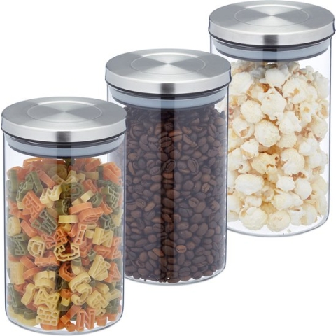 Relaxdays glazen voorraadpot - set van 3 - pasta bewaarpot - opbergpot met rvs deksel