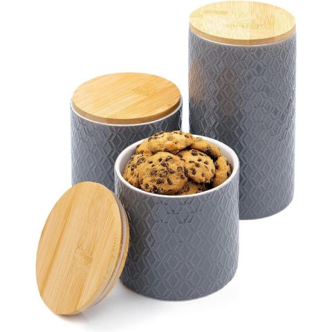 Keramische voorraadpotten met deksels - set van 3 - Vaatwasmachinebestendig & luchtdicht - voor koffie, thee & kruiden (Grijs)
