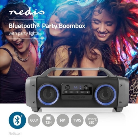 Nedis Bluetooth® Party Boombox - 12 uur - 2.2 - 60 W - Media afspeelmogelijkheden: AUX / Micro-SD / Radio / USB - IPX4 - Koppelbaar - Handgreep - Feestverlichting - Grijs / Zwart