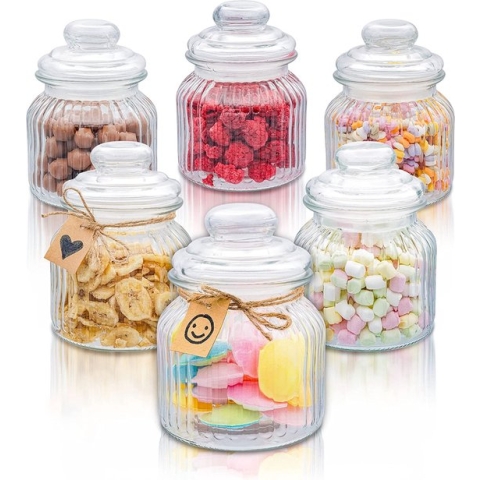 Praknu 6 Candy Bar Jars 700ml - Luchtdicht - Vintage Biscuit Jar met Deksel en Etiketten