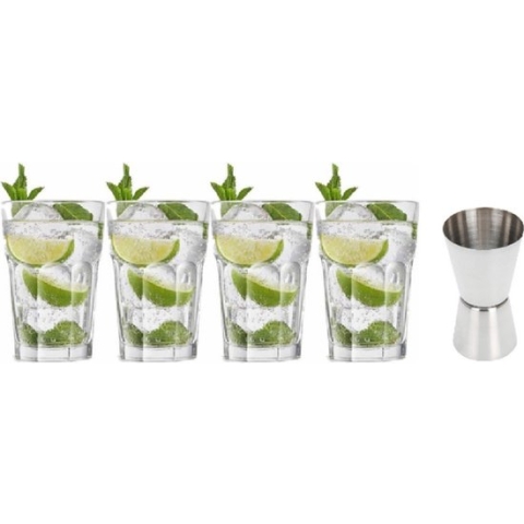 4x Cocktailglazen / Mojito glazen transparant 410 ml - Met RVS maatbeker / barmaatje 2-in-1 15/30 ml