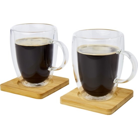 Seasons dubbelwandige koffieglazen 350 ml - set van 8x stuks - met bamboe onderzetters - Espresso glazen