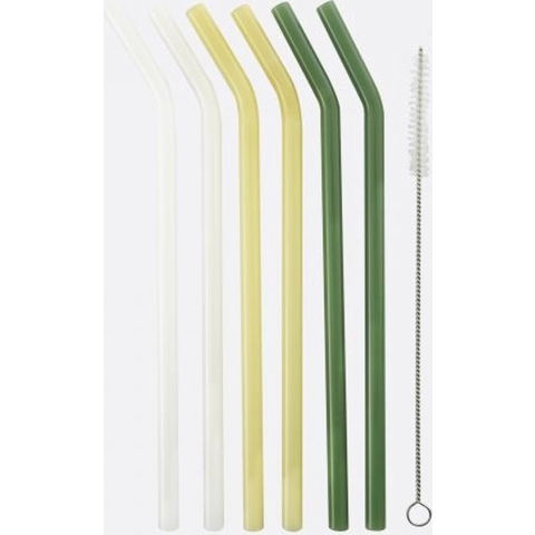 Point-Virgule 6 gebogen glazen rietjes geel; wit en groen met borstel en zakje 21.5cm