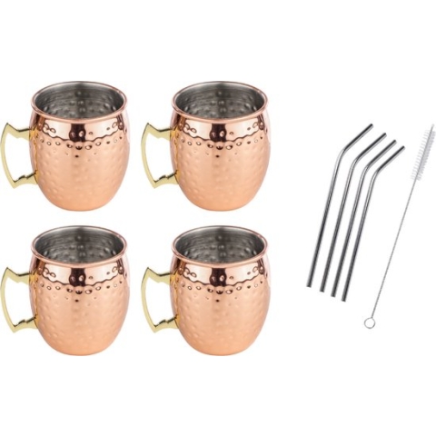 Set van 4x Cocktailbekers/cocktailglazen Moscow Mule 500 ml - Inclusief 4x RVS herbruikbare rietjes